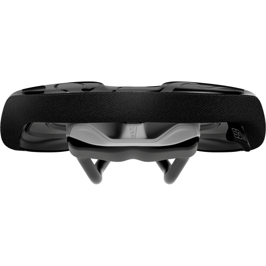 SQlab 6OX ERGOWAVE active 2.1 ltd. Team MTB saddle in black, front view showing rail system