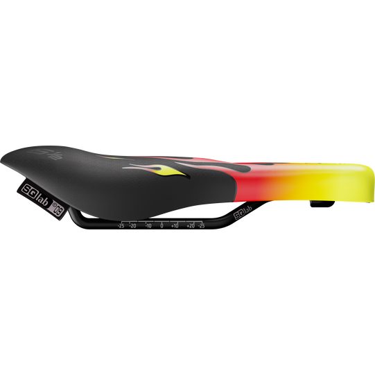 SQlab 6½ ERGOWAVE kids saddle 9cm in black, red and yellow Flames design