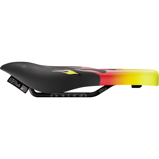 SQlab 6½ ERGOWAVE kids saddle 9cm in black, red and yellow Flames design