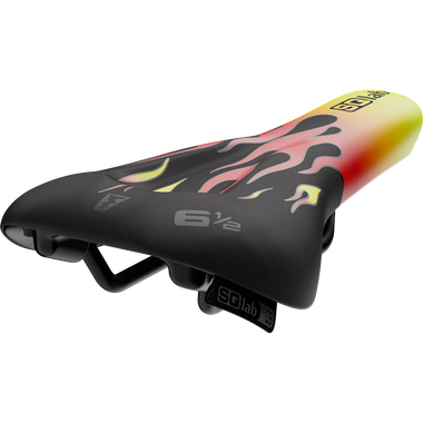 SQlab 6½ ERGOWAVE kids bike saddle in black, red and yellow with flames design