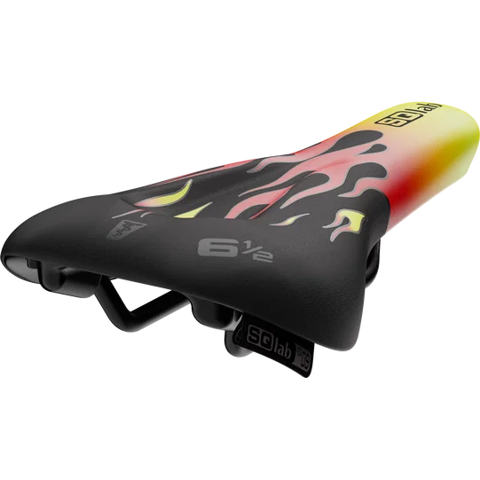 SQlab 6½ ERGOWAVE kids bike saddle in black, red and yellow with flames design