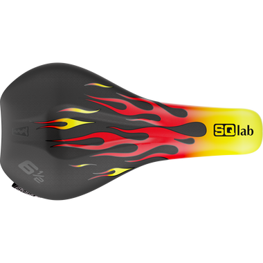 SQlab 6½ ERGOWAVE kids bike saddle in black, red and yellow with flames design