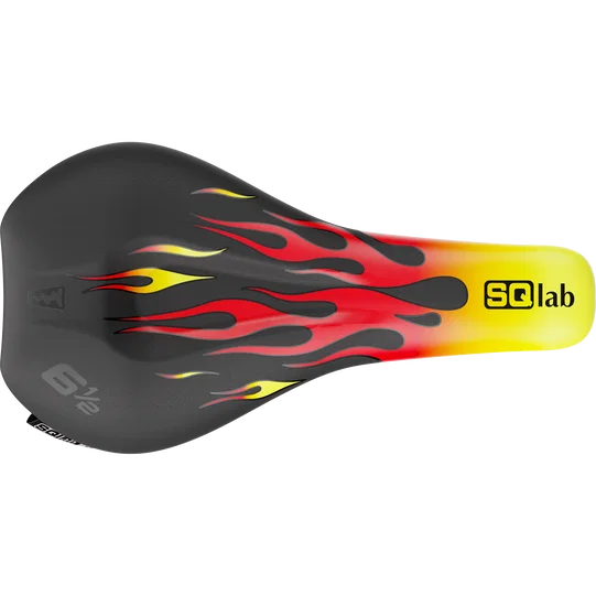SQlab 6½ ERGOWAVE kids bike saddle in black, red and yellow with flames design