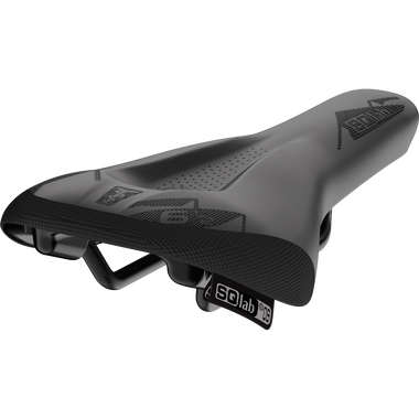 SQlab 6½ ERGOWAVE OX kids bike saddle in charcoal black with OX graphic, three-quarter view