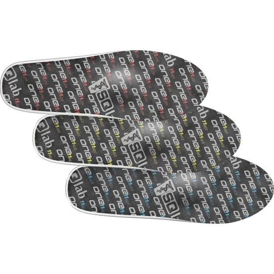 SQlab ONE11 cycling insoles in charcoal with allover brand print, set of three top view