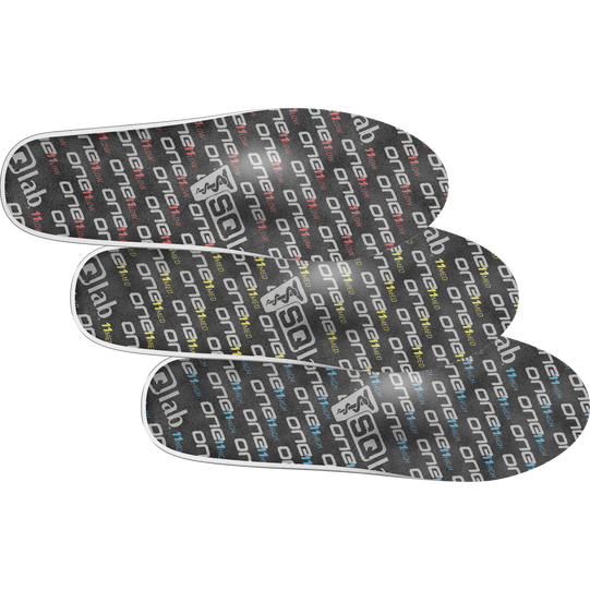 SQlab ONE11 cycling insoles in charcoal with allover brand print, set of three top view