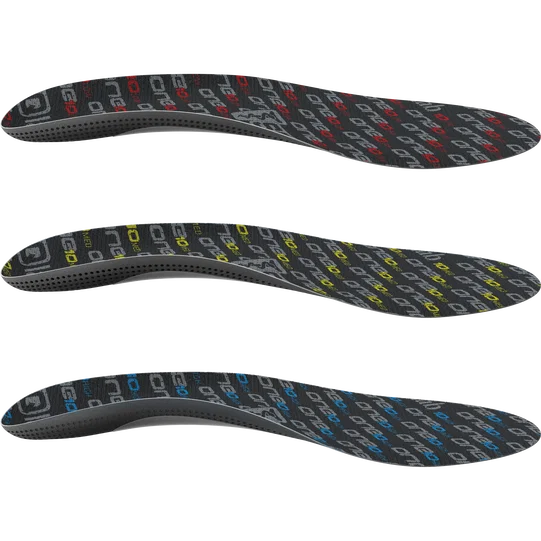 SQlab ONE10 cycling insoles in charcoal black with red, yellow and blue accent variants, group shot