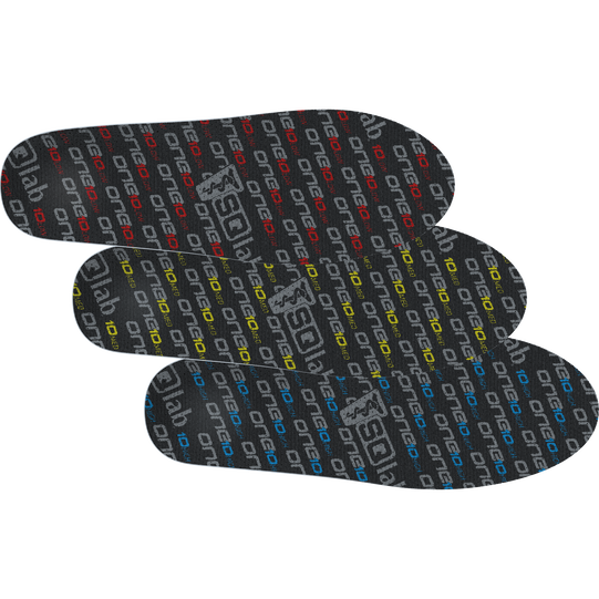 SQlab ONE10 cycling insoles in black with multicolour print, three sizes shown