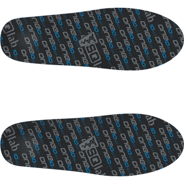 SQlab ONE10 cycling insoles in dark charcoal and blue, top view on white background