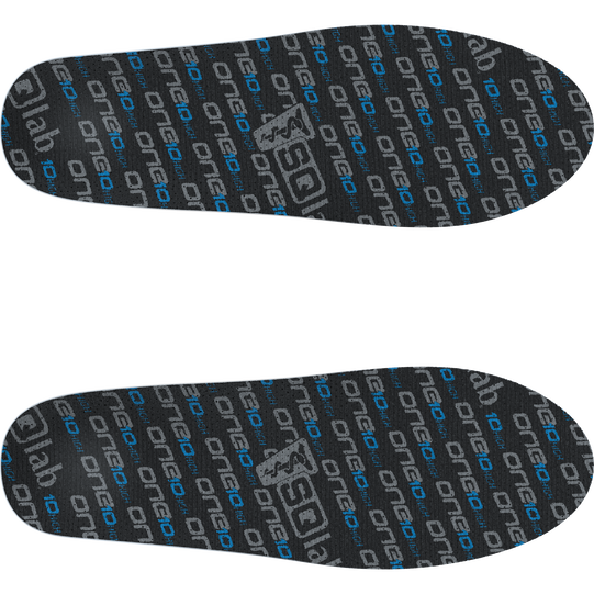 SQlab ONE10 cycling insoles in dark charcoal and blue, top view on white background