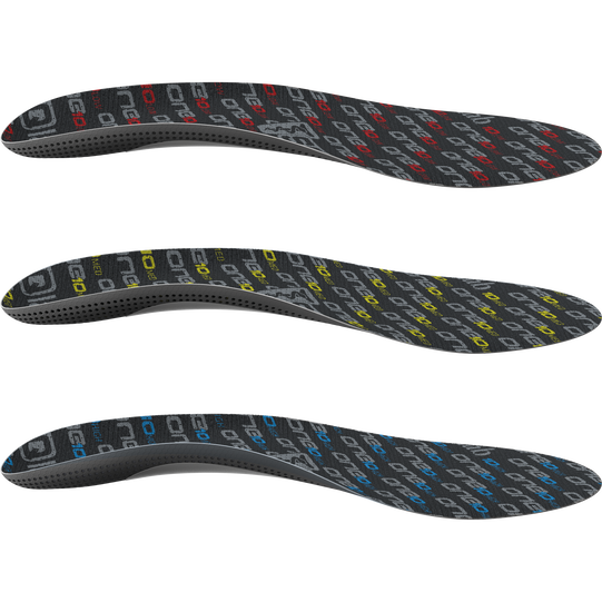 SQlab ONE10 low cycling insoles in charcoal with red, yellow and blue accents, 3 variants