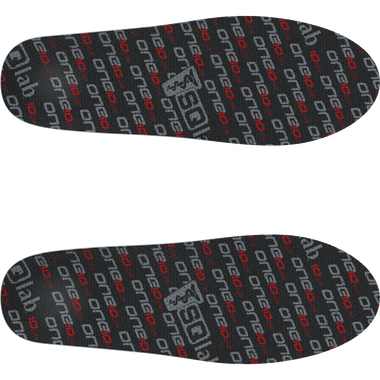 SQlab ONE10 low cycling insoles in dark charcoal and red, top view of the pair
