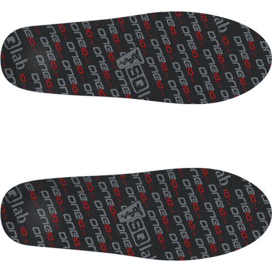 SQlab ONE10 low cycling insoles in dark charcoal and red, top view of the pair