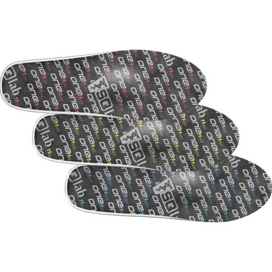 SQlab ONE11 med cycling insoles in charcoal with logo print, three variants on white background