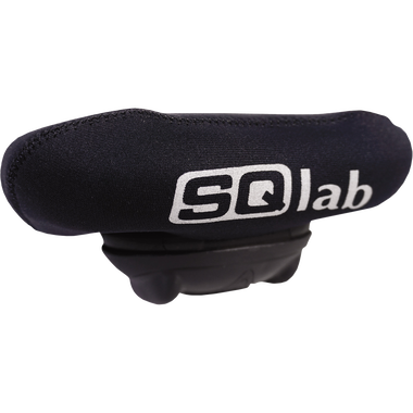 SQlab neoprene saddle cover in black with reflective logo, rear view