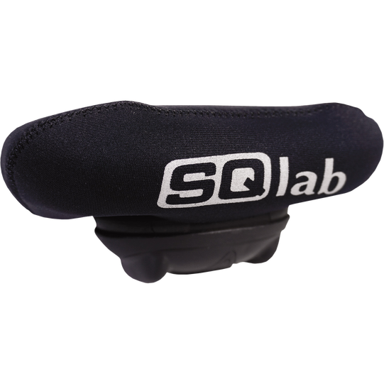 SQlab neoprene saddle cover in black with reflective logo, rear view