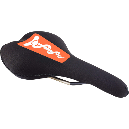 SQlab neoprene saddle cover in black and orange with reflective logo