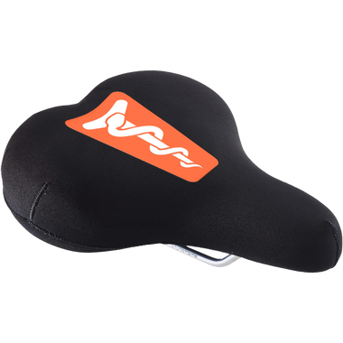 SQlab neoprene saddle cover in black and orange with reflective logo, three-quarter view