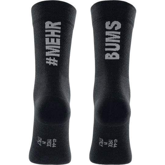 SQlab ONE11 2.0 merino MTB socks in black with #MEHR BUMS graphic, back view