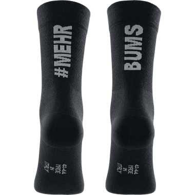SQlab ONE11 2.0 merino MTB socks in black with #MEHR BUMS graphic, back view