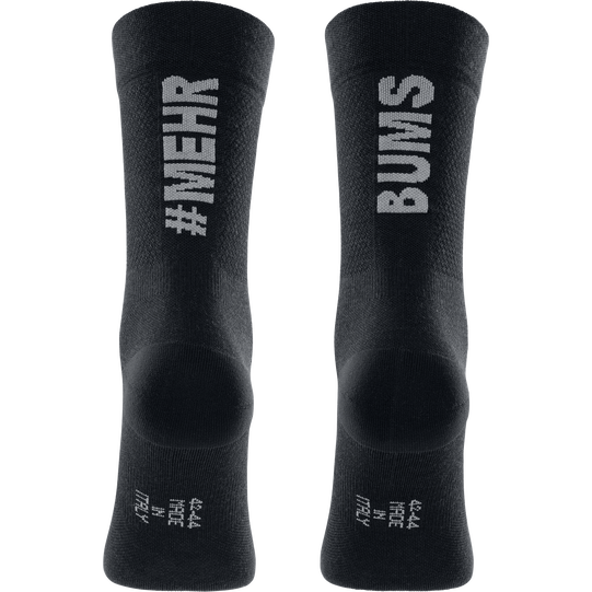 SQlab ONE11 2.0 merino MTB socks in black with #MEHR BUMS graphic, back view