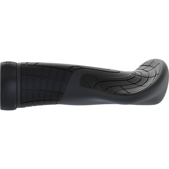 SQlab 702 ergonomic comfort bicycle grip in black, side view showing wrist wing and clamp collar