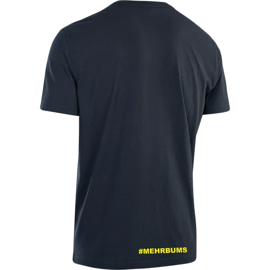 SQlab #mehrbums men's T-shirt in dark navy with yellow back print