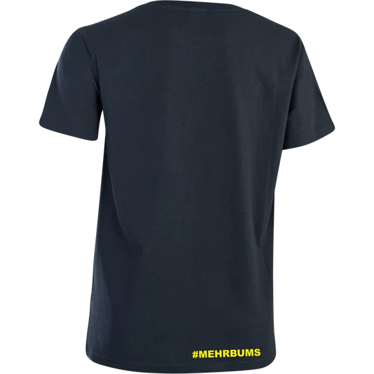 SQlab #mehrbums Logo Tee women short sleeve in navy, back view with yellow print
