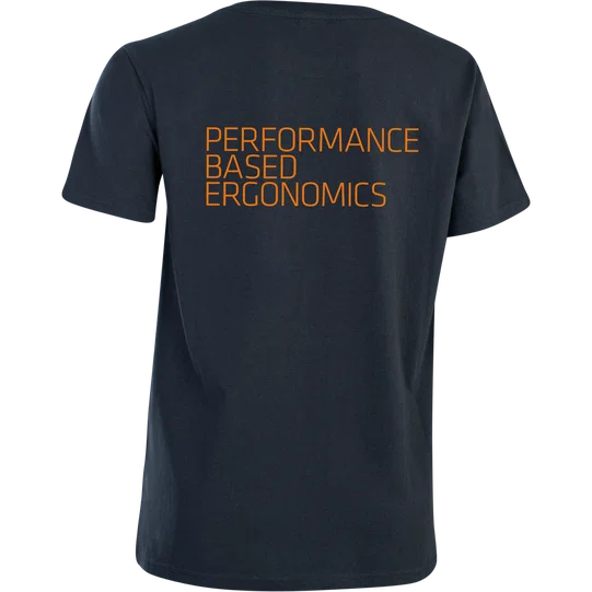 SQlab Tee Performance Based Ergo SS Damen-T-Shirt in dark navy, Rückenansicht mit orangem Aufdruck