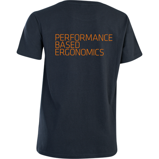 T-shirt SQlab Tee Performance Based Ergo SS femme en bleu marine foncé, vue dos avec imprimé orange