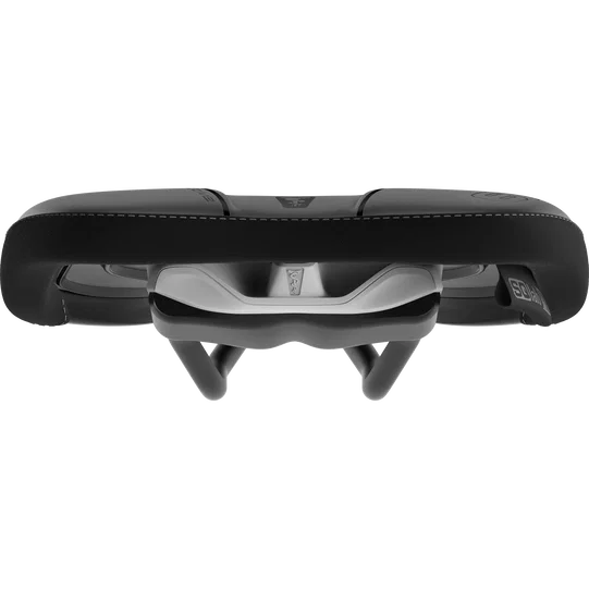 SQlab 611 ERGOWAVE active 2.1 MTB saddle in black, front view showing active pivot mechanism