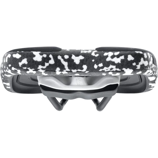SQlab 6OX Infinergy ERGOWAVE active 2.1 ltd. Hans Rey MTB saddle in black and white, front view