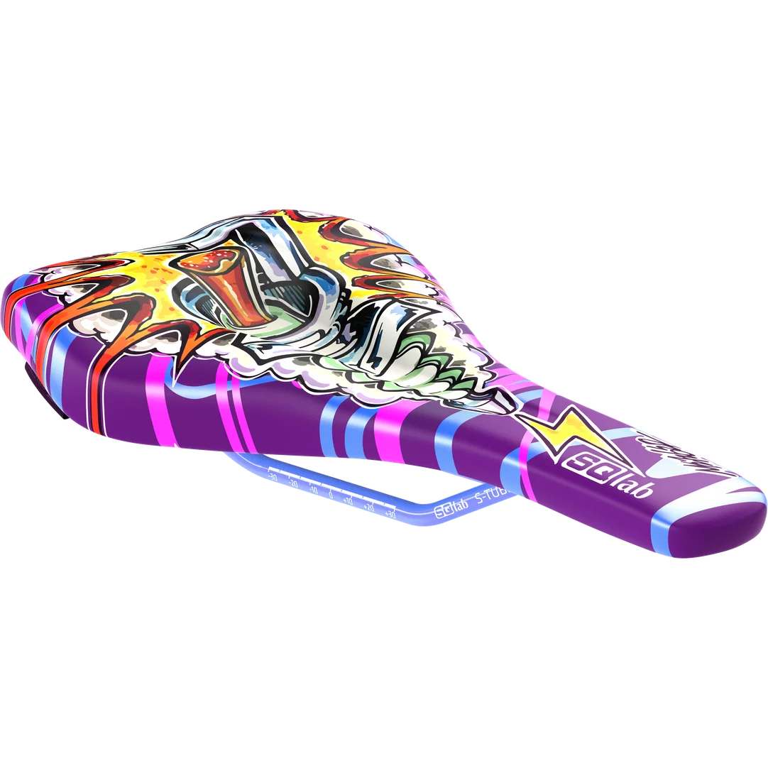 SQlab 6OX ERGOWAVE active 2.1 ltd. Metzger MTB saddle in purple with graffiti artwork