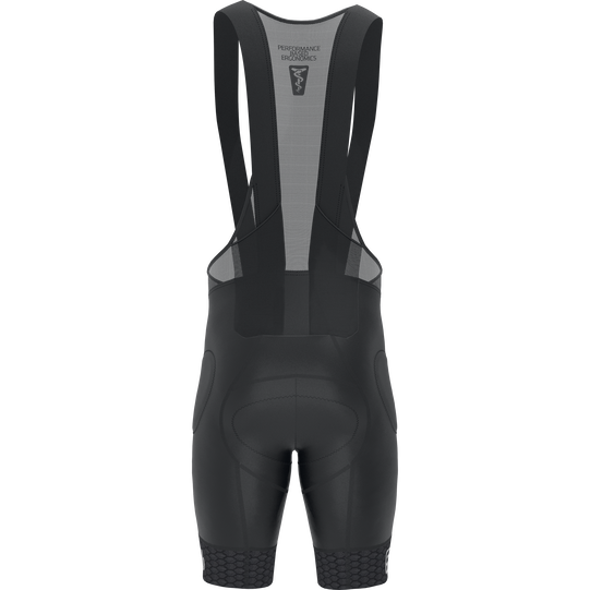 SQlab ONE11 bib shorts in black for mountain biking – rear view with chamois pad and hip protectors