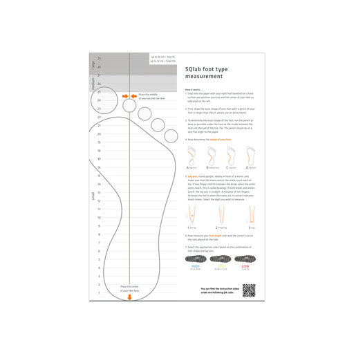 SQlab foot type measurement sheet in white with ruler scale and arch diagrams