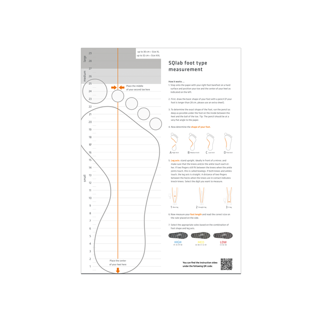 SQlab foot type measurement sheet in white with ruler scale and arch diagrams