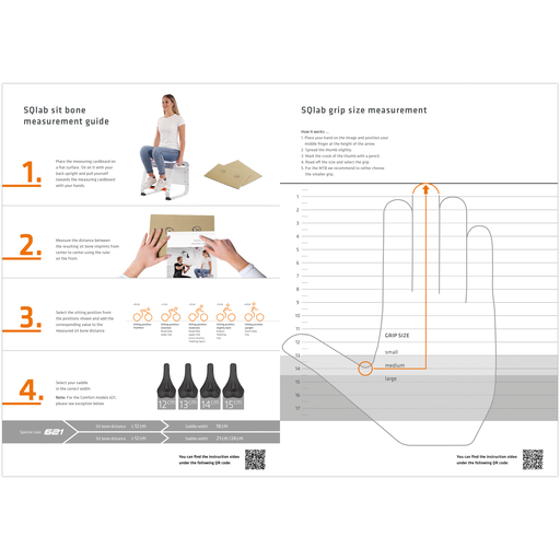 SQlab Measure at Home Set instruction sheet for sit bone and grip size measurement, one-sided print