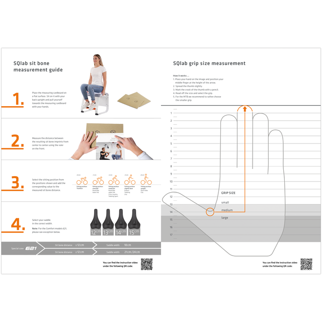 SQlab Measure at Home Set instruction sheet for sit bone and grip size measurement, one-sided print