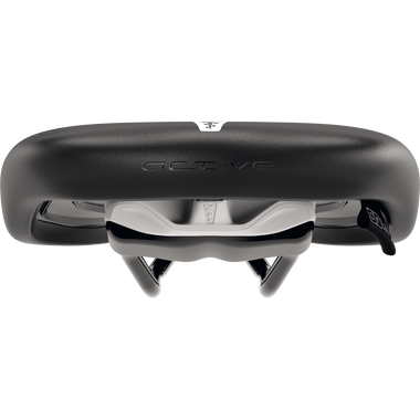 SQlab 610 M-D active bike saddle in black with relief channel, front view