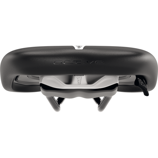 SQlab 610 M-D active bike saddle in black with relief channel, front view