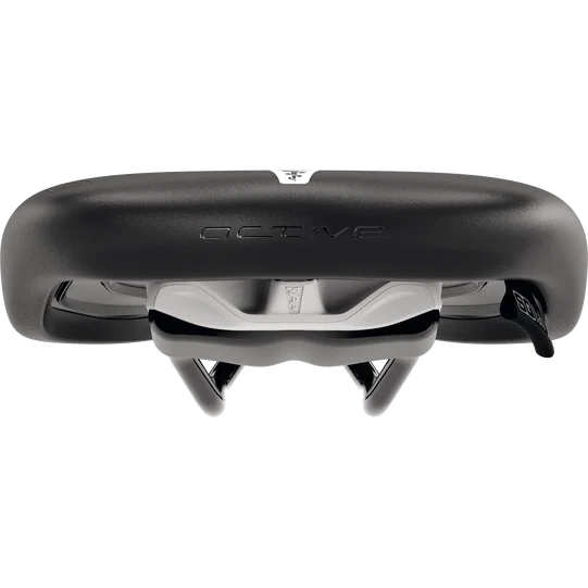 SQlab 610 M-D active bike saddle in black with relief channel, front view
