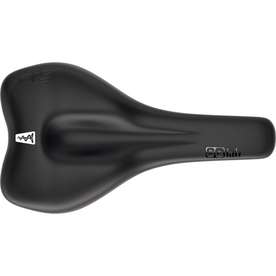SQlab 610 M-D active bike saddle in black with central relief channel, top view