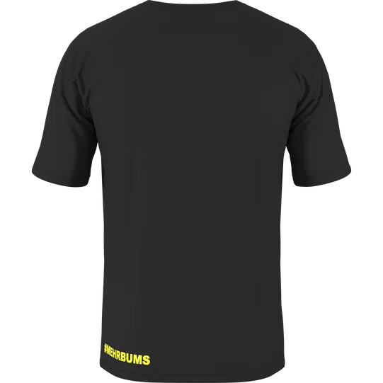 SQlab #mehrbums unisex T-shirt in black with yellow slogan print at back hem
