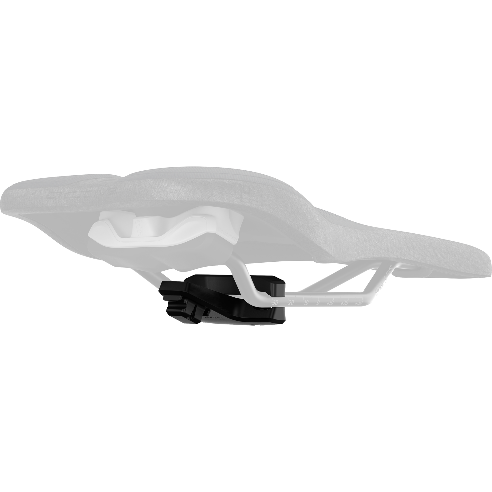 SQlab X Fidlock Standard Adapter in black mounted on sport saddle rails, side view