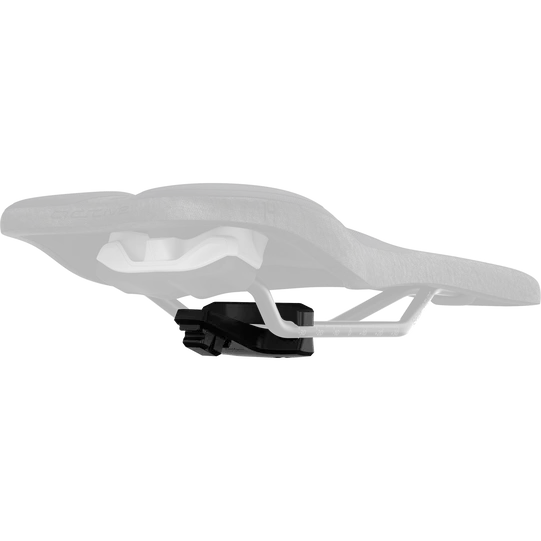 SQlab X Fidlock Standard Adapter in black mounted on sport saddle rails, side view