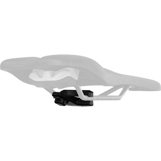 SQlab X Fidlock Standard Adapter in black mounted on sport saddle rails, side view