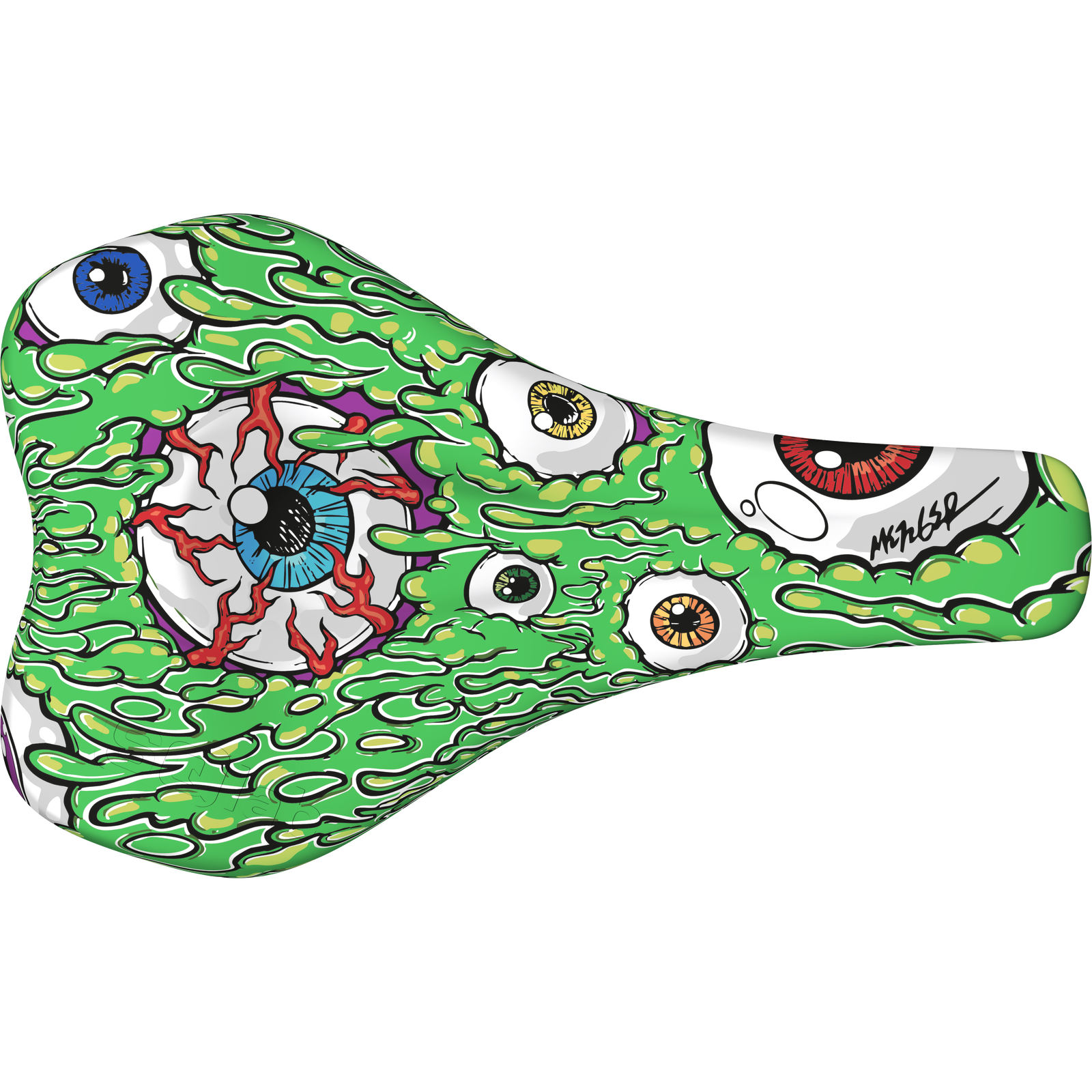 SQlab 6OX ERGOWAVE active 2.2 ltd. Metzger MTB saddle in slime green with eyeball graphic