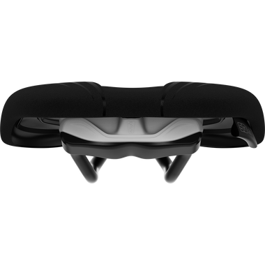 SQlab 614 ERGOWAVE active 2.1 S'Qantara gravel saddle in black, front view showing active pivot mechanism and rails