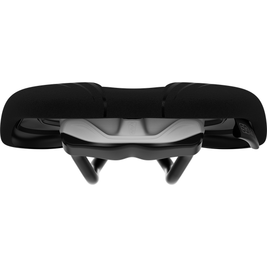 SQlab 614 ERGOWAVE active 2.1 S'Qantara gravel saddle in black, front view showing active pivot mechanism and rails