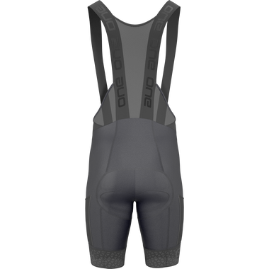 SQlab ONE14 unisex bib shorts in dark charcoal grey – rear view with SQ-Pad 14 chamois and leg pockets for gravel cycling